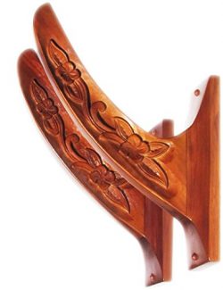 Long Board Wall Racks Hand Carved Eco Teak Wood Hawaiian Plumeria Motif Fin Out or In Design