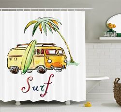 Ambesonne Surfboard Decor Collection, Hand Drawn Surfing Car Summertime Seaside Traveling Vehicl ...