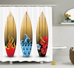 Ambesonne Surfboard Decor Collection, Three Colorful Wood Surfboards with Floral Sea and Fire Th ...