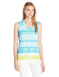 Caribbean Joe Women’s Cotton Spandex Sleeveless V Neck Border Print Tank Top, Skim Board A ...