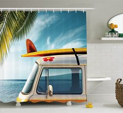 Ambesonne Surfboard Decor Collection, Vintage Van in the Beach with Surfboard on the Roof Journe ...