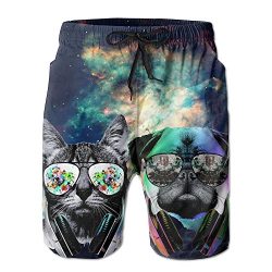 Dj Cat With Earphone Pet Animal Dj Pug Dog Men’s Tropical Quick Dry Board Shorts Bathing S ...