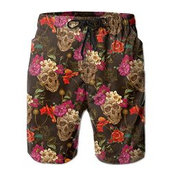 Men’s Quick Dry Skull And Poppies Flower Pattern Beach Shorts Swim Trunks Surf Board Shorts L