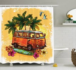 Surf Shower Curtain by Ambesonne, Hippie Classic Old Bus with Surfboard Freedom Holiday Exotic L ...