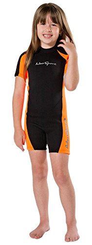 NeoSport Wetsuits Children’s Premium Neoprene 2mm Shorty Wetsuit, Black/Orange, Size Six