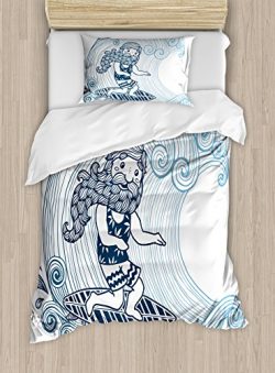 Wave Duvet Cover Set by Ambesonne, Doodle Surfer with Long Beard on Swirled Waves Surfboard Wate ...