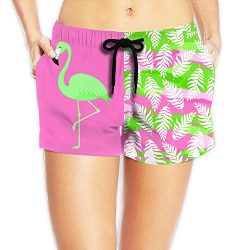 AS-WALL Womens Quick Dry Green Flamingo Beach Shorts Surf Board Bathing Suits Breathable Swim Tr ...