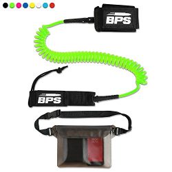 BPS 10′ Coiled SUP Leash with Rail Saver w/ Waterproof Waist Carry Bag – Green