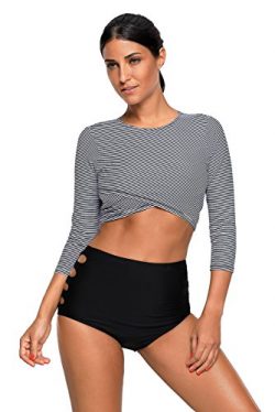 SherryDC Women’s Long Sleeve Striped Crop Rash Guard Swimsuit Two Piece Bathing Suit