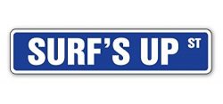 SURF’S UP Street Sign Sticker 8” Long Surfer Surf Board Wax Boys Room Sticker Sign & ...