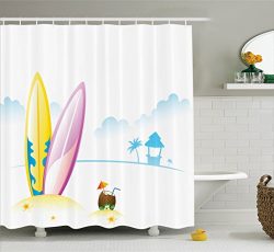 Ambesonne Surfboard Decor Collection, Surfing Board with Tender Coconut on Sea Beach Bungalow Ho ...