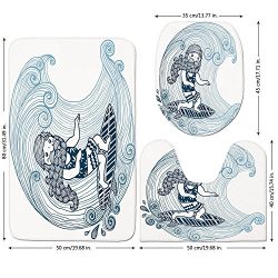3 Piece Bathroom Mat Set,Wave,Doodle Surfer with Long Beard on Swirled Waves Surfboard Water Spo ...