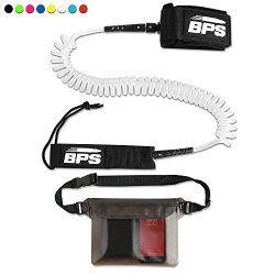 BPS 10′ Coiled SUP Leash with Rail Saver w/Waterproof Waist Carry Bag – White