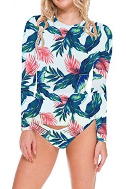Kisscy Women’s Floral Print O Neck Thong Bikini Two Pieces Diving Suit Wetsuit Green M