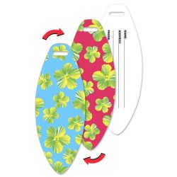 Luggage Tag Surfboard Shape, Hawaiian Flowers Lenticular Flip Effect