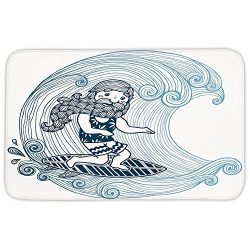 Rectangular Area Rug Mat Rug,Wave,Doodle Surfer with Long Beard on Swirled Waves Surfboard Water ...