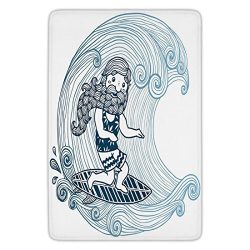 Bathroom Bath Rug Kitchen Floor Mat Carpet,Wave,Doodle Surfer with Long Beard on Swirled Waves S ...