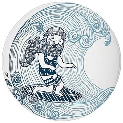 Round Rug Mat Carpet,Wave,Doodle Surfer with Long Beard on Swirled Waves Surfboard Water Sports  ...