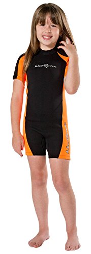 NeoSport Wetsuits Children’s Premium Neoprene 2mm Shorty Wetsuit, Black/Orange, Size Four