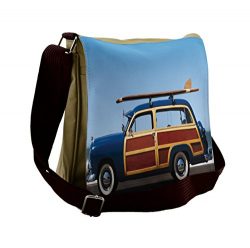 Lunarable Surfboard Messenger Bag, Side View Woody Car Road, Unisex Cross-body