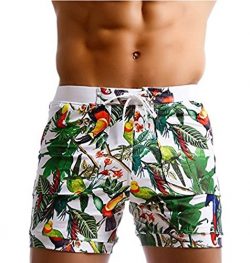 osamusi Men Swimwear Bird Print Surf Board Boxer Shorts Trunks Long