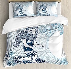 Wave Queen Size Duvet Cover Set by Ambesonne, Doodle Surfer with Long Beard on Swirled Waves Sur ...